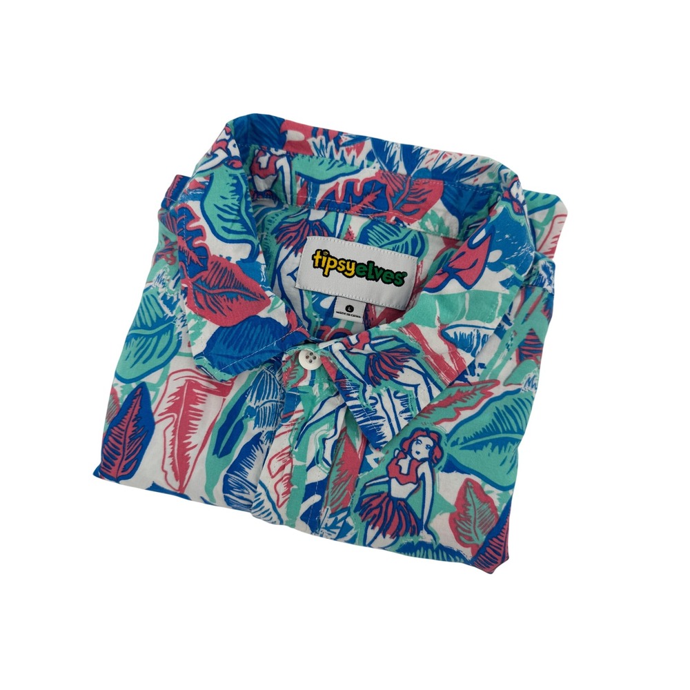 Tipsy Elves Mens Large Tropical Hula Girl Button Down Shirt Blue Short Sleeve